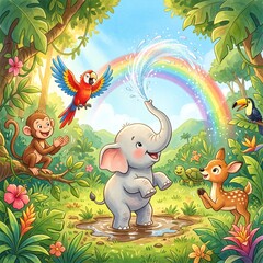 Naklejka premium Joyful Little Elephant Celebrating with Jungle Friends Storybook Illustration