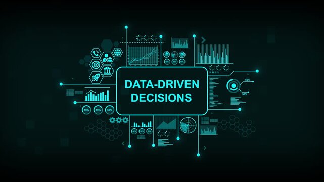 Data-driven decisions infographic animation with business analytics charts and digital hud interface