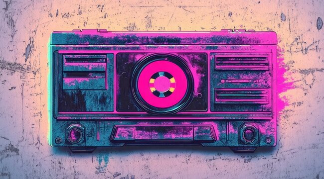 vintage cassette tape deck with glowing neon pink and teal tones on a grungy concrete background, evoking nostalgic energetic retro music vibes