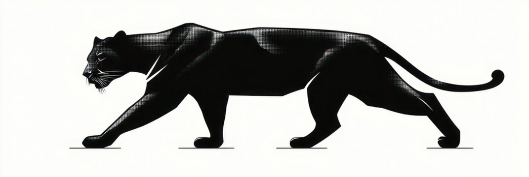 sleek black panther prowling across a white background with a low, powerful stride and focused, stealthy expression