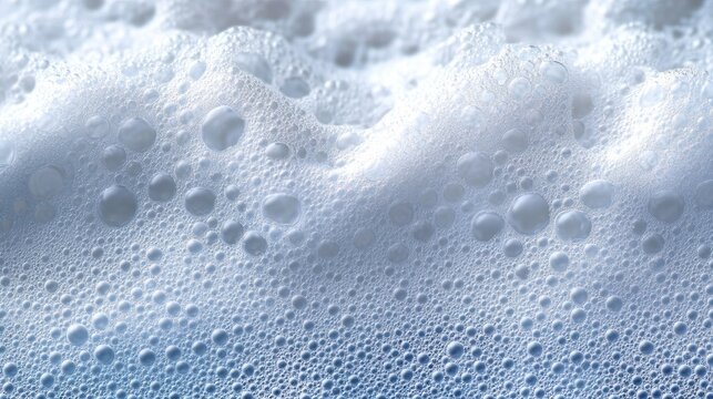 close-up of white foam and bubbles on a cool blue surface conveying freshness and calm
