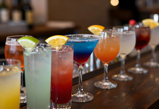 Hospitality and nightlife industry, row of colorful cocktails and mixed drinks on a bar counter for social gathering and celebration in a restaurant