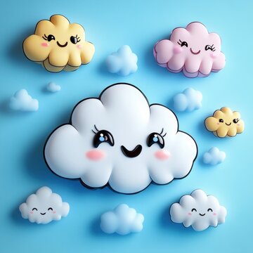 Cute happy pastel clouds with smiling faces and rosy cheeks floating among small blue cloud puffs on a bright sky background