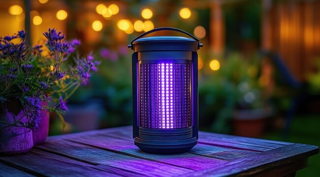 purple glowing lantern on a wooden patio table with potted plants and warm string lights creating a cozy, relaxed evening ambiance