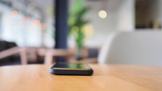 Phone on a table in a cafe. lost smart phone concept 