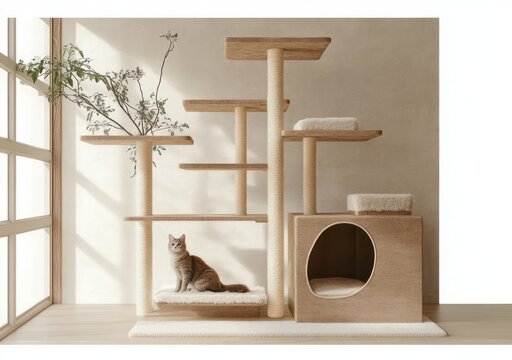 Calm tabby cat resting on a multi-level beige cat tree with plush platforms, enclosed cubby and scratching posts in a sunlit minimalist room with a decorative branch