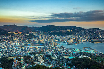 Fototapeta premium Panoramic View of Nagasaki Harbor and City at Dusk