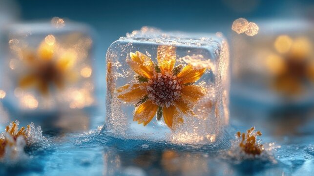 yellow daisy-like flowers encased in clear ice cubes with frost, glowing blue bokeh and serene delicate frozen beauty