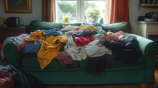 sunlit green sofa buried under a messy pile of colorful clothes in a cozy living room with window, curtains, potted plant, cushions and background countertop, feeling cluttered and lived-in
