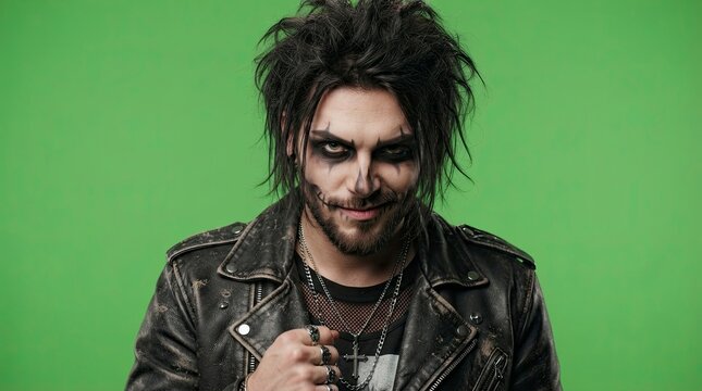 Portrait of a Young Man with Messy Hair and Goth Rock Makeup Wearing Leather Jacket on Green Screen