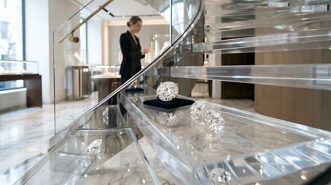 Large diamonds displayed on a clear acrylic staircase in a jewelry store