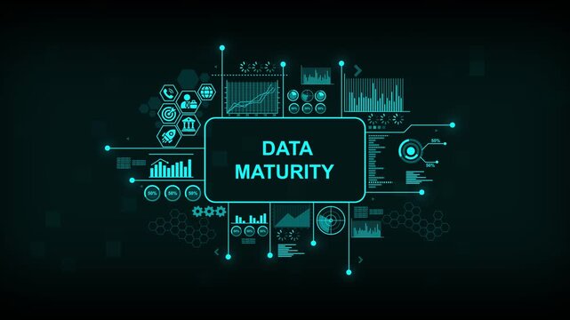 Data maturity concept hud interface with digital analytics infographics and business intelligence metrics