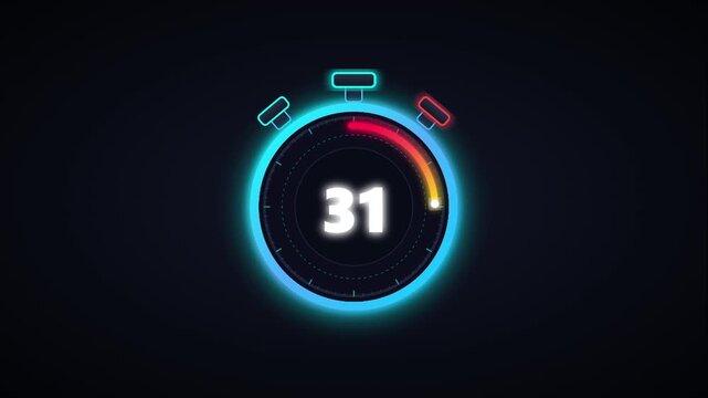 Digital 30 minute timer with neon glowing circles counting down