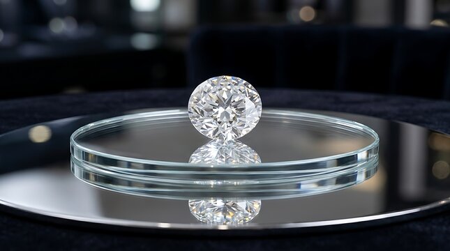 Round cut diamond resting on a circular glass plate
