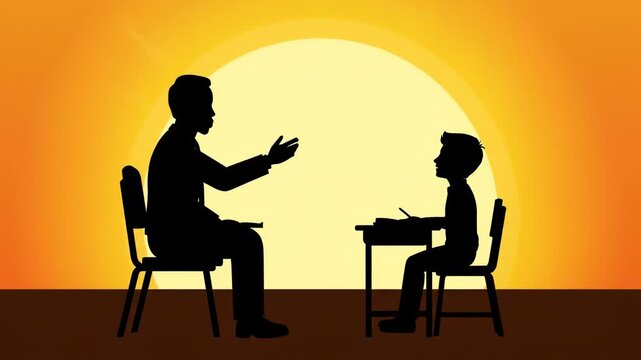 Silhouette of man teaching boy at sunset