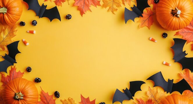 playful festive halloween flat lay border with small pumpkins, black paper bat cutouts, maple leaves, candy corn and dark round candies on bright orange background