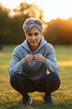 person squatting on grass in a park at golden hour wearing a gray hoodie and black leggings, adjusting the drawstring, focused and calm