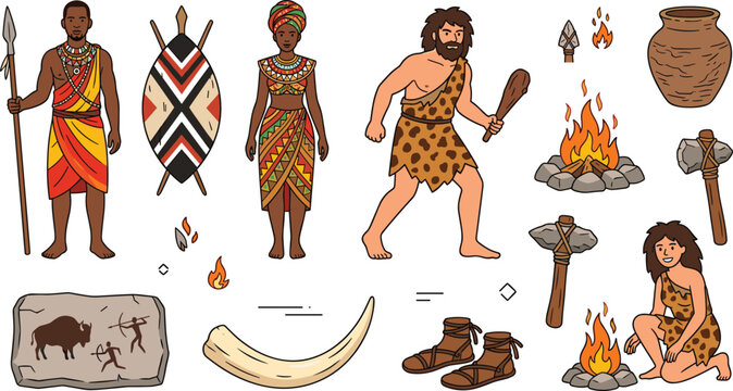 Stone Age Caveman and African Tribal Culture Vector Icon Set with Prehistoric Cave Paintings, Bonfire, Shield, Spear, and Ancient Tools Illustration