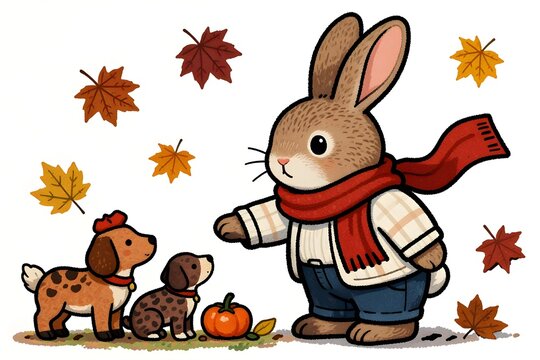 rabbit in clothes, rabbit in a scarf, gouache cartoon illustration, a cute rabbit, bunny in clothes, bunny in a scarf, collects autumn animals