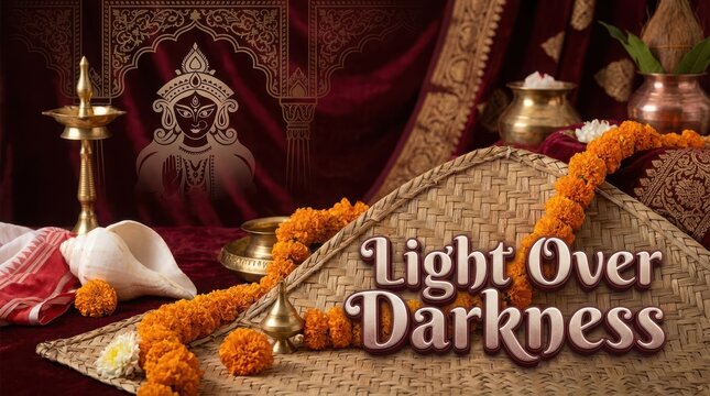 Light over darkness festive message on bamboo kula with goddess durga artwork marigold garland conch and sacred kalash.