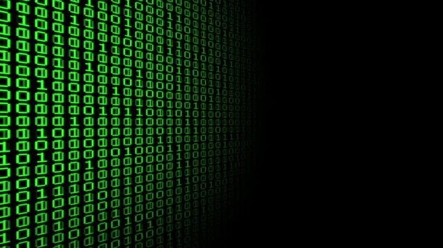 コンピューターの画面のように緑に発光した二進数の1と0の数字がランダムに点滅する、FullHD解像度のループ映像素材、VJ素材
