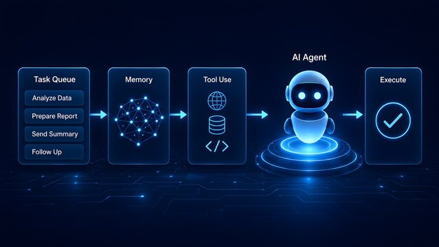 Artificial intelligence autonomous agent workflow illustrating automated task processing memory management and tool execution