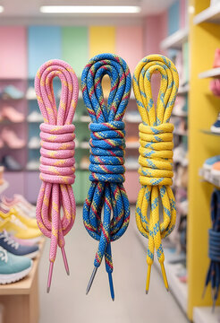 Retail fashion and footwear accessories, colorful shoelaces in pink blue and yellow hanging in a shoe store for custom style and personal expression