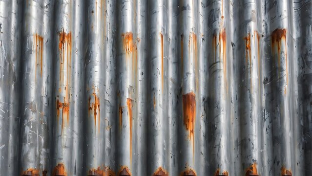 Weathered corrugated metal sheet featuring orange rust streaks and silver texture
