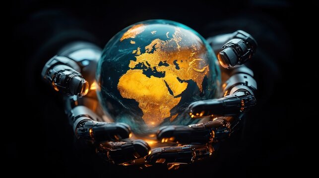 futuristic robotic hands cradling a glowing globe with golden illuminated continents conveying protection and cautious stewardship