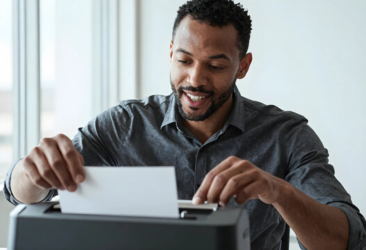 Document security and data privacy, man shredding sensitive paper documents to prevent identity theft and protect confidential business information at office