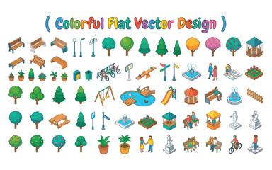 Fototapeta premium Isometric park elements collection a colorful flat vector design