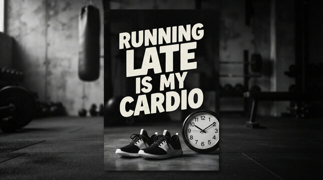Motivational gym poster with Running Late Is My Cardio quote, fitness humor wall art in industrial gym, black and white workout decor