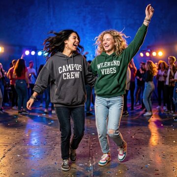 Two happy young women dancing at a lively party with friends in the background.