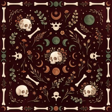 Mystical halloween pattern with skulls bones moon phases and botanicals on dark red background for occult decor.
