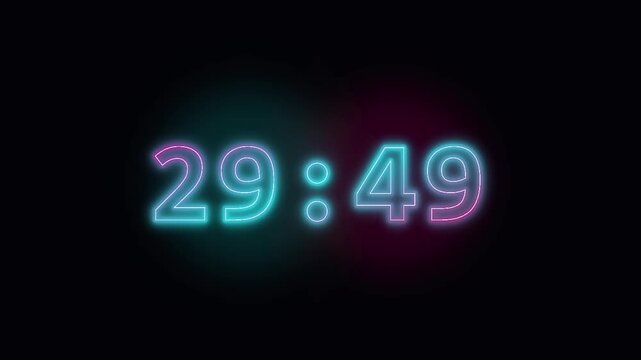 Neon 30 minute timer countdown with glowing digital numbers