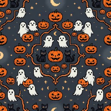 Halloween pixel art wallpaper featuring ghosts pumpkins and black cats in a dark night sky festive holiday design.