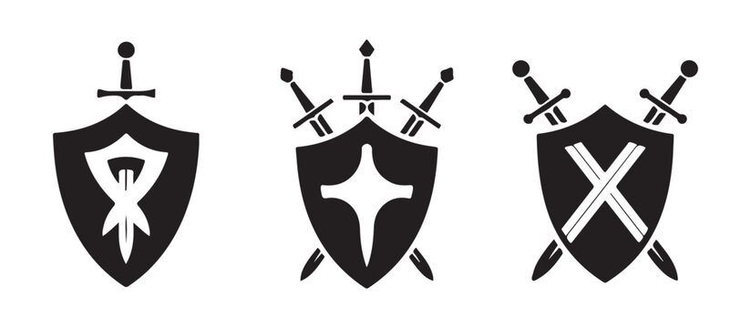 Heraldic Shield Emblem with Crossed Swords and Star, Black and White Vector Icon