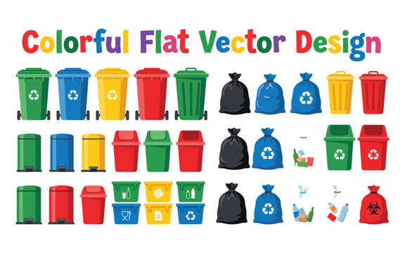 Colorful vector illustration of various trash cans and garbage bags on white
