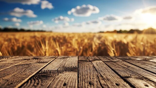Wooden deck overlooking wheat field at sunset