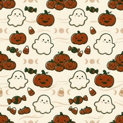 Obraz premium Cozy Halloween pattern featuring smiling pumpkins, cute ghosts, and assorted candies on a light beige background with moon phase motifs.