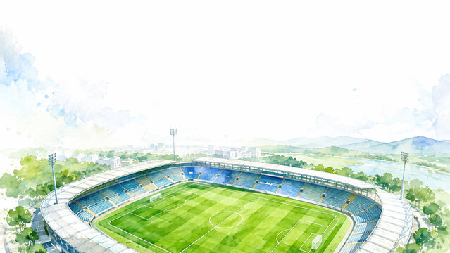 Watercolor Aerial View of Soccer Stadium with Green Field and White Copy Space