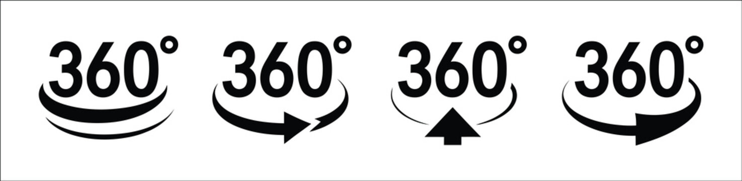 360-degree rotation icons, circular arrows representing a full circle, complete turnaround rotation movement transformation, and continuous direction concepts