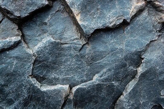 Close-up of dark cracked stone surface with jagged fissures and rough weathered texture conveying ancient, austere solidity