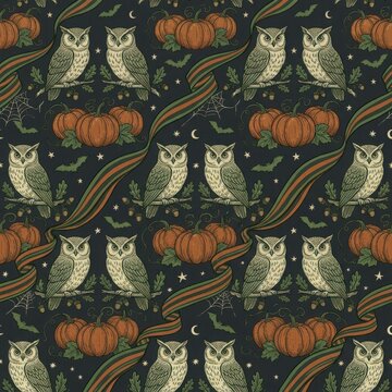 Vintage halloween seamless pattern featuring owls perched on branches and ripe orange pumpkins on dark background.