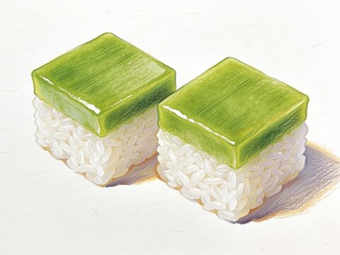 Layered Kuih Seri Muka with green pandan custard top layer and steamed glutinous rice bottom layer sliced on plate