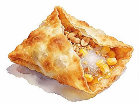Crispy Malaysian Apam Balik turnover pancake folded and filled with crushed peanuts, sweet corn, and sugar on banana leaf. 