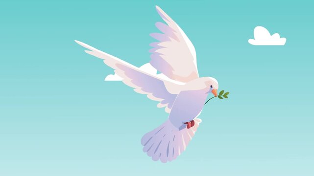 White dove of peace flying in blue sky with olive branch symbol for international freedom and hope.