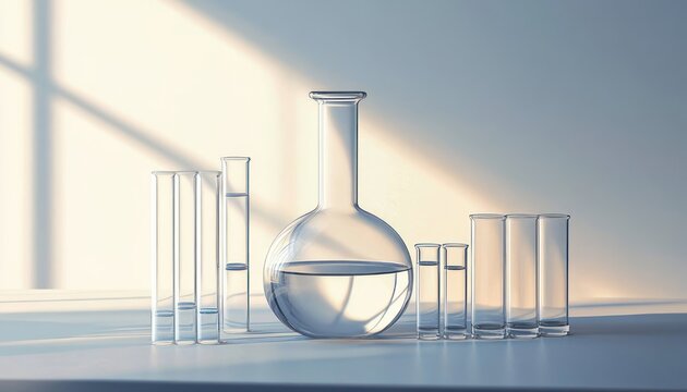 Minimalist still life of clear glass laboratory vessels, a round-bottom flask half-filled with liquid, grouped test tubes and tall cylindrical tubes bathed in soft window light and calm shadows