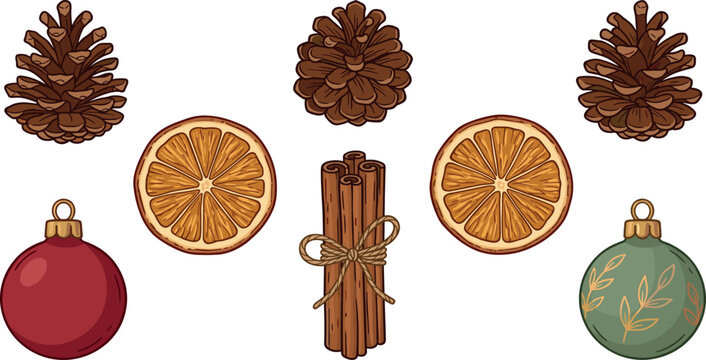 Winter Christmas elements set with pinecones cinnamon sticks dried orange slices and hanging bauble ornaments vector