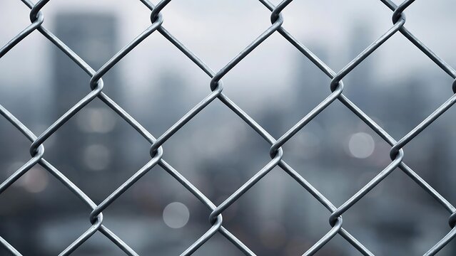 Silver chain link fence metal mesh pattern with blurred urban background